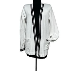 IZOD Open Cardigan Size Medium White Ivory‎ Cream Black Stripe